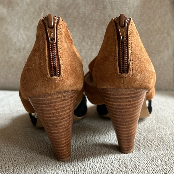 Lien Do Anthropologie Suede Open Toe Wood Heels 7.5 Black & Cognac - Picture 2 of 5